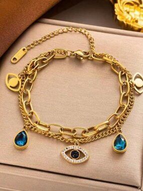 18k Gold Plated Evil Eye Charm Bracelet | Layered Chain